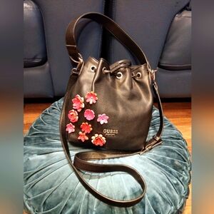 Guess Crossbody Bag And Handbag  Black Leather  With Pink Flower  Embroidered